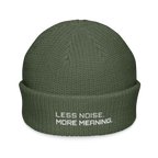 Cypress fisherman beanie front view with Less Noise More Meaning embroidery