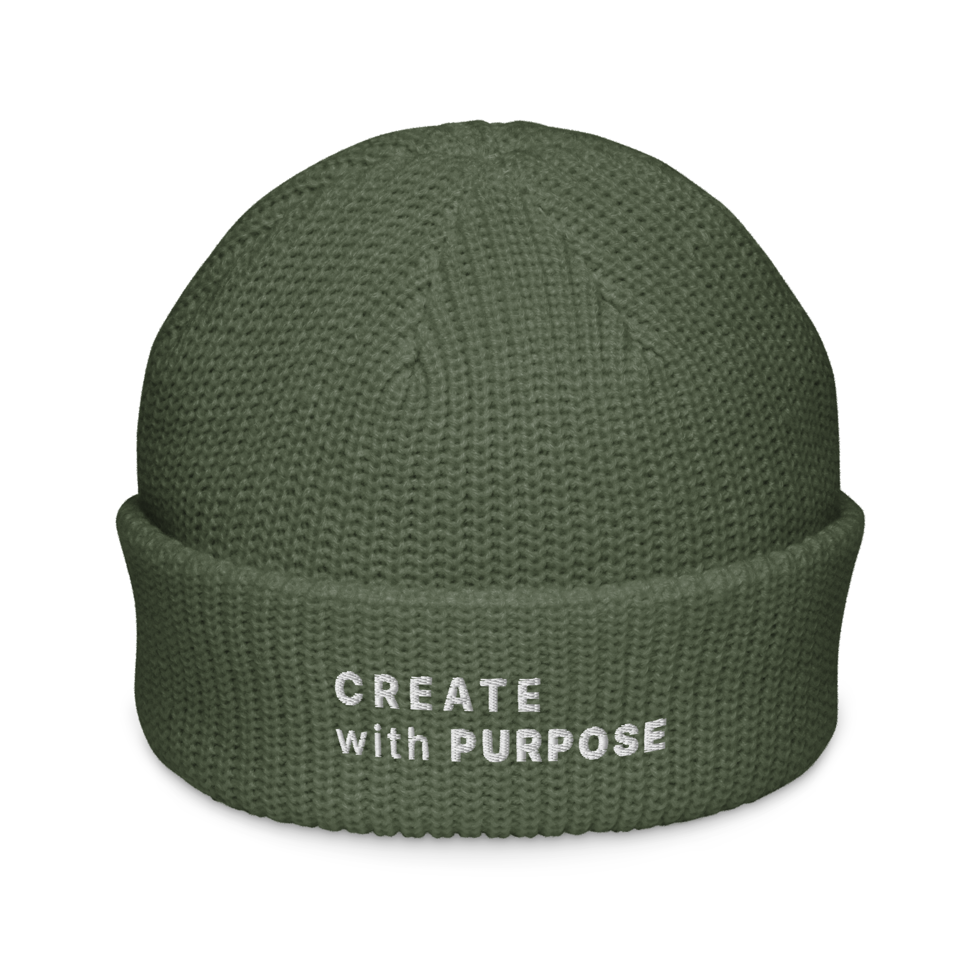 Cypress fisherman beanie front view with embroidered “CREATE WITH PURPOSE” – The Pixel Wolf