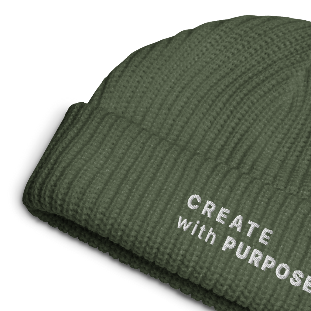 Cypress ribbed knit fisherman beanie detail showing “CREATE WITH PURPOSE” embroidery – The Pixel Wolf