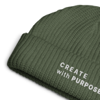 Cypress ribbed knit fisherman beanie detail showing “CREATE WITH PURPOSE” embroidery – The Pixel Wolf