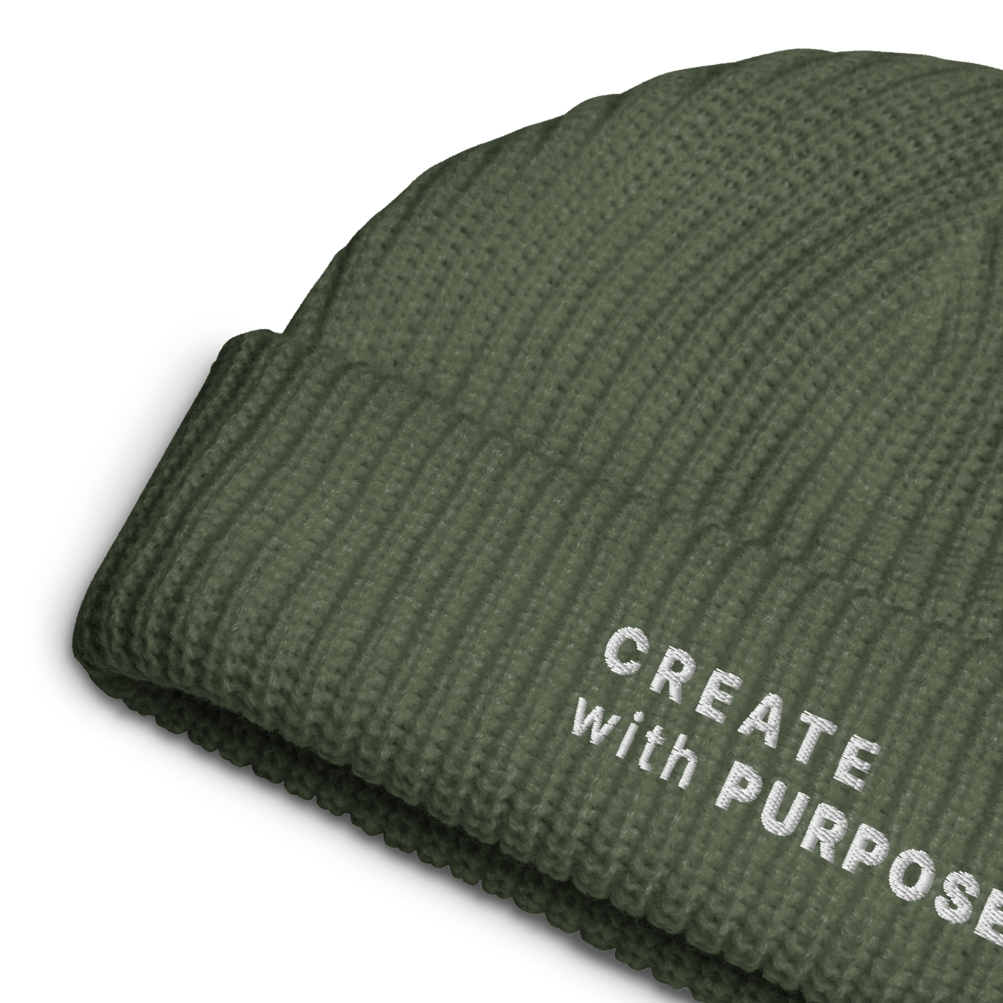 Cypress ribbed knit fisherman beanie detail showing “CREATE WITH PURPOSE” embroidery – The Pixel Wolf