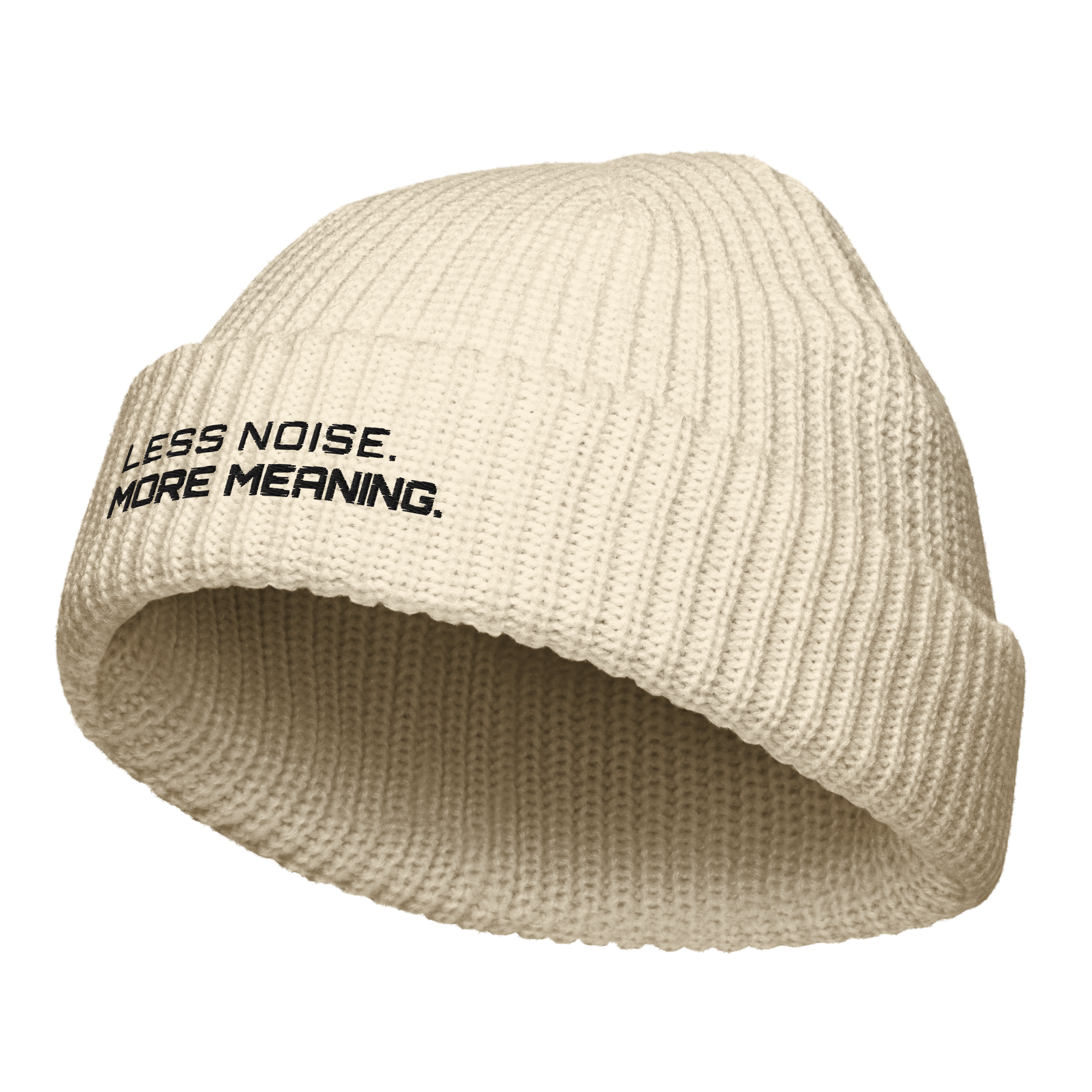 Ecru fisherman beanie angled view showing ribbed knit texture