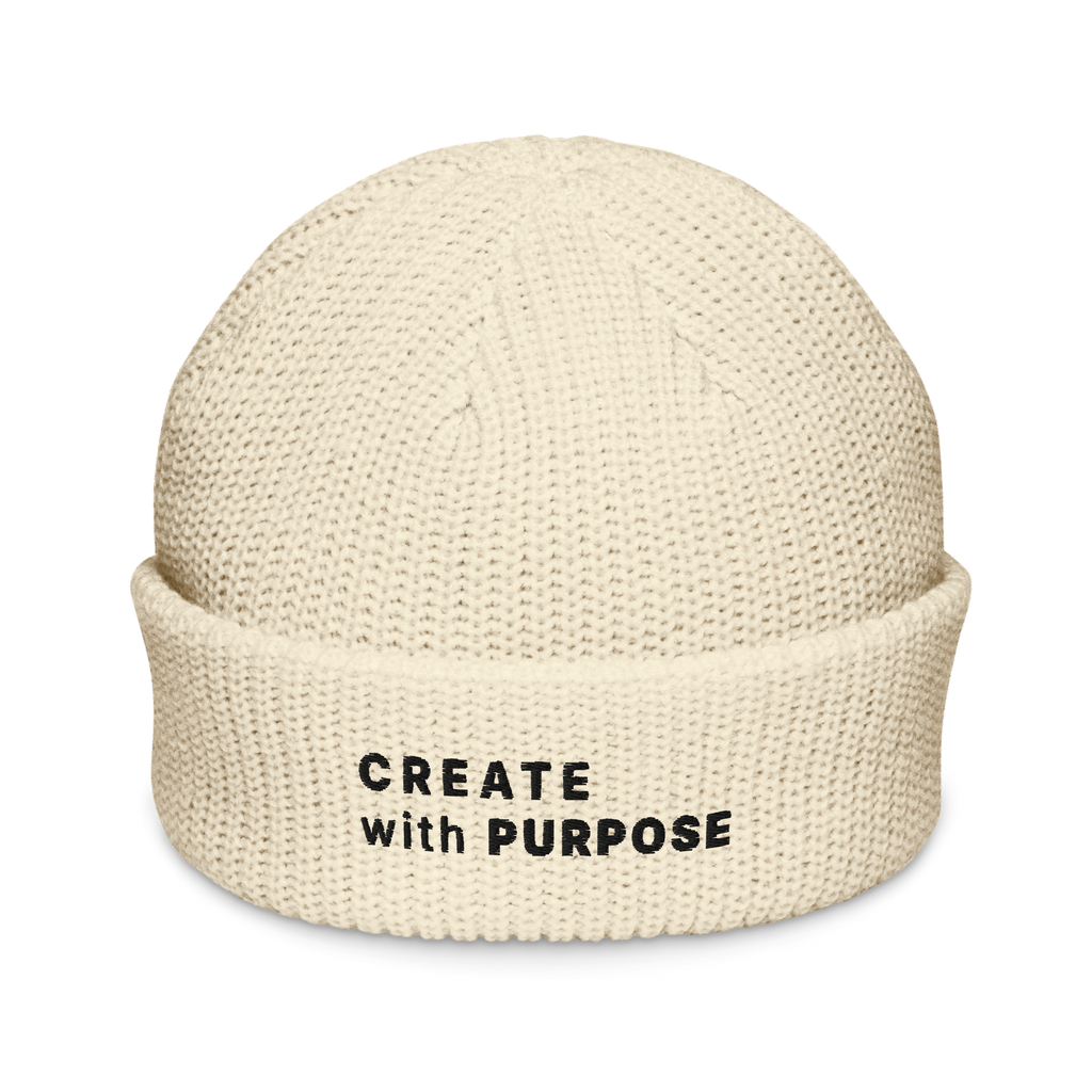 Ecru fisherman beanie front view with embroidered “CREATE WITH PURPOSE” – The Pixel Wolf