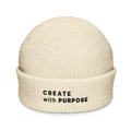 Ecru fisherman beanie front view with embroidered “CREATE WITH PURPOSE” – The Pixel Wolf