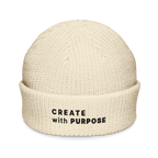 Ecru fisherman beanie front view with embroidered “CREATE WITH PURPOSE” – The Pixel Wolf