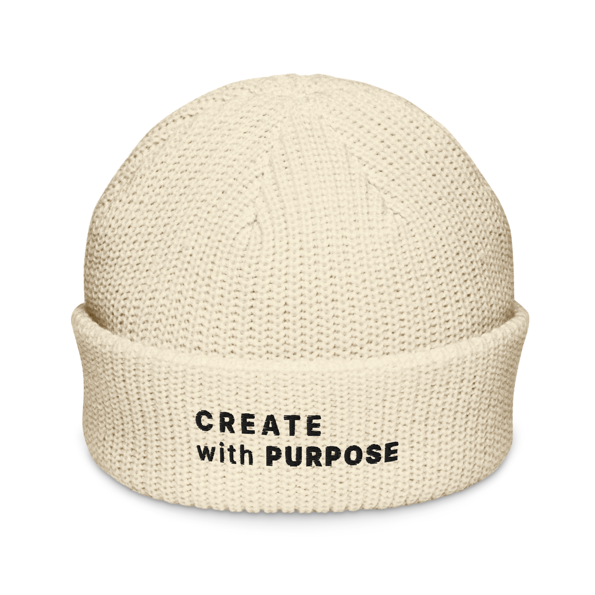 Ecru fisherman beanie front view with embroidered “CREATE WITH PURPOSE” – The Pixel Wolf