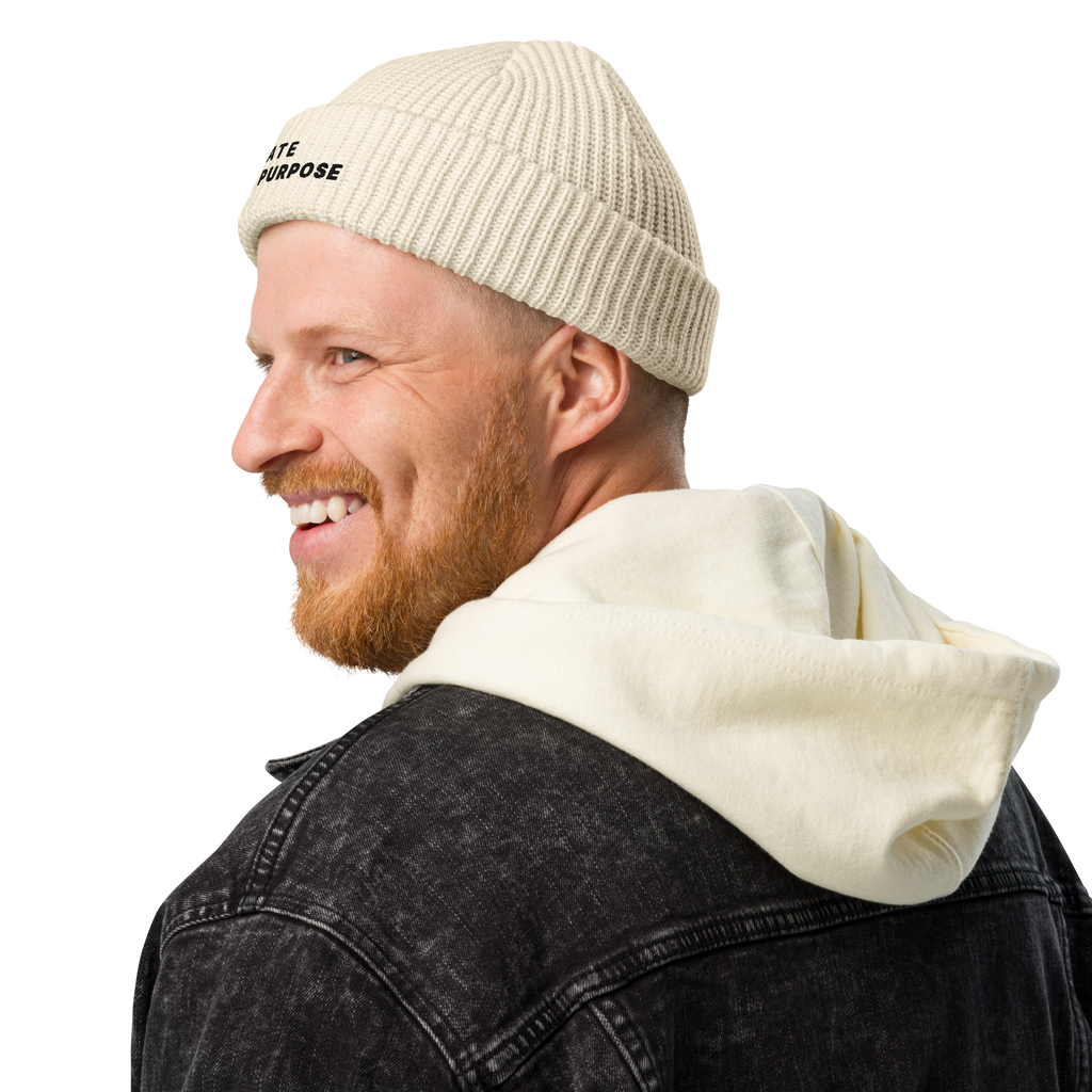 Ecru fisherman beanie lifestyle view worn with casual minimalist outfit – The Pixel Wolf