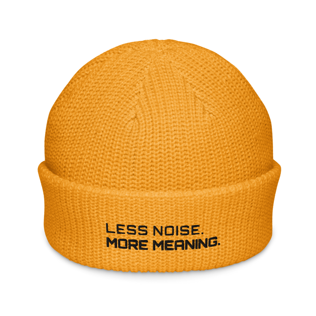 Gold fisherman beanie front view with Less Noise More Meaning embroidery