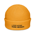 Gold fisherman beanie front view with Less Noise More Meaning embroidery