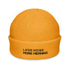 Gold fisherman beanie front view with Less Noise More Meaning embroidery