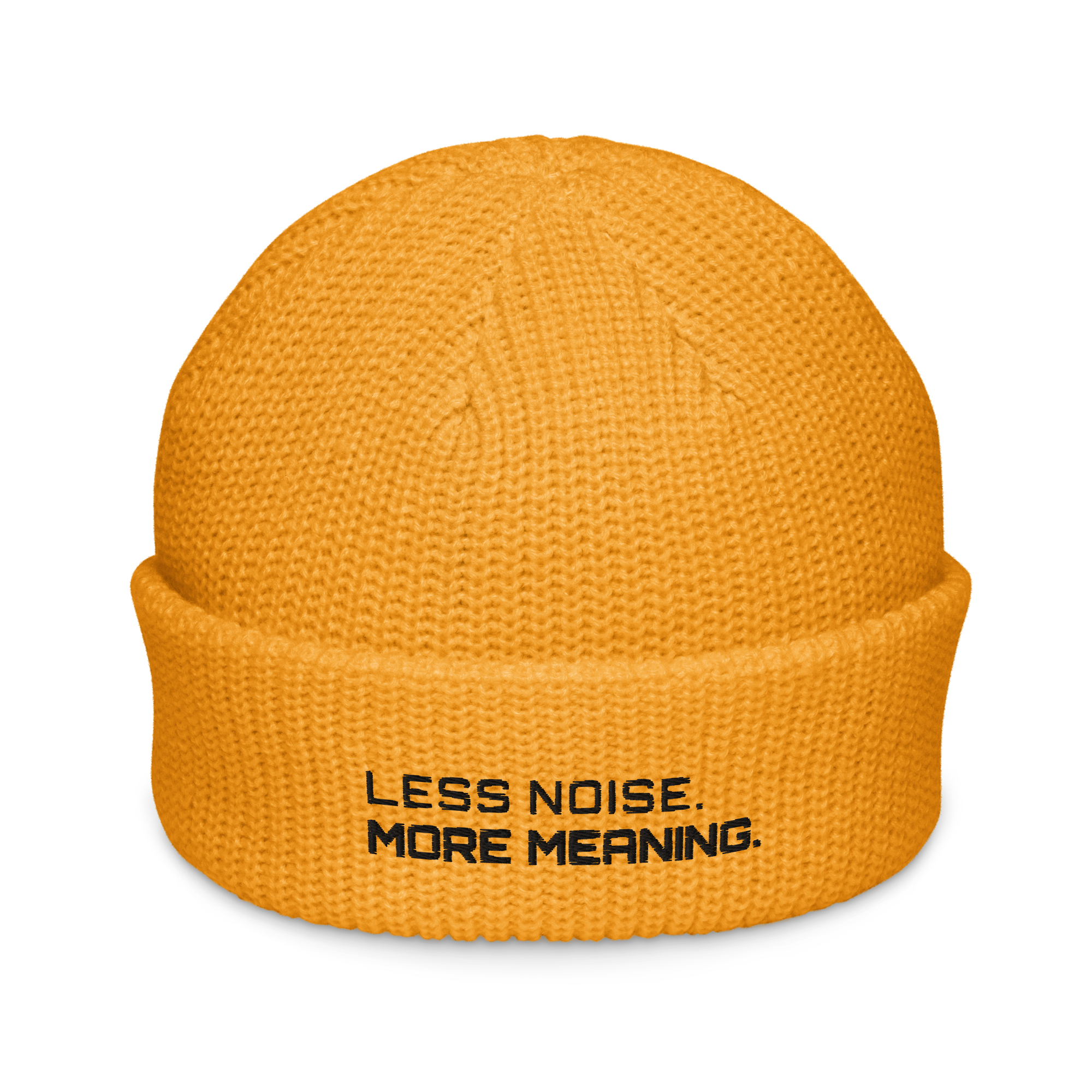 Gold fisherman beanie front view with Less Noise More Meaning embroidery