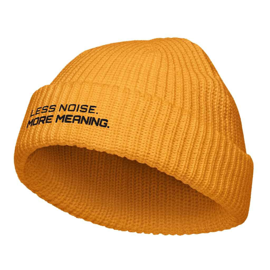 Gold fisherman beanie angled view showing ribbed knit texture