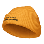 Gold fisherman beanie angled view showing ribbed knit texture