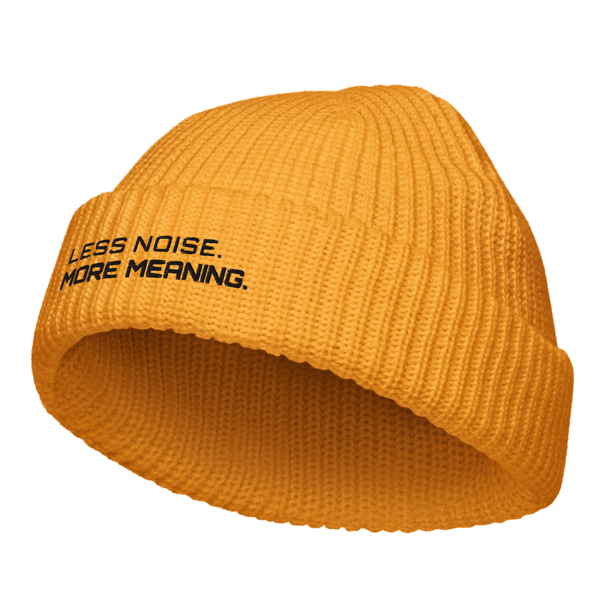 Gold fisherman beanie angled view showing ribbed knit texture