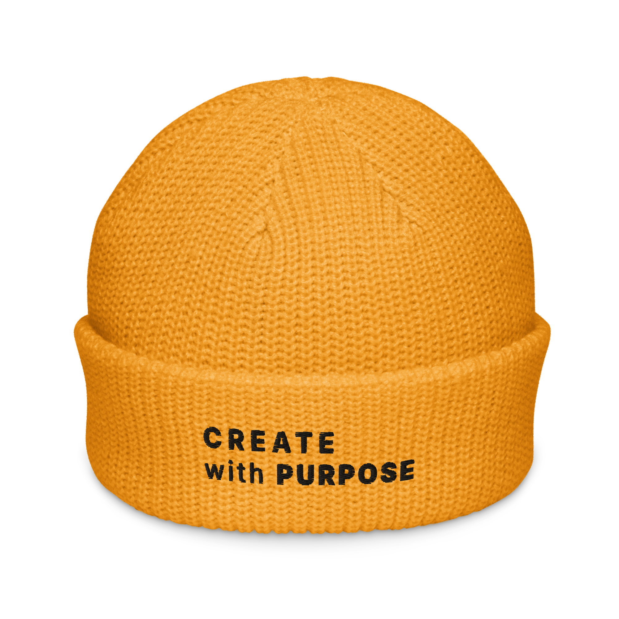 Gold fisherman beanie front view with embroidered “CREATE WITH PURPOSE” – The Pixel Wolf