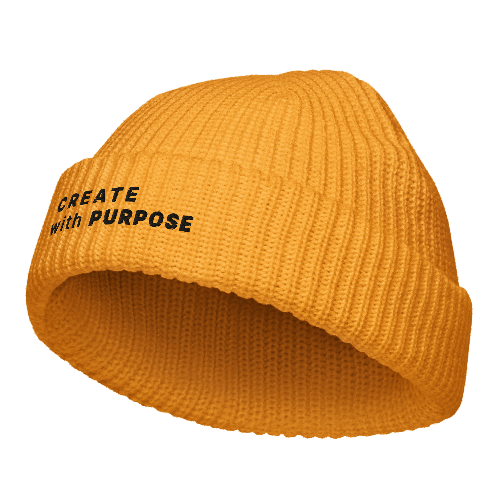 Gold fisherman beanie angled view with “CREATE WITH PURPOSE” embroidery – The Pixel Wolf