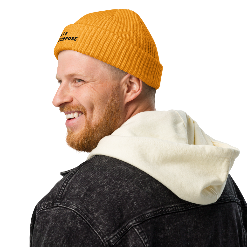Gold fisherman beanie lifestyle view styled for autumn streetwear – The Pixel Wolf