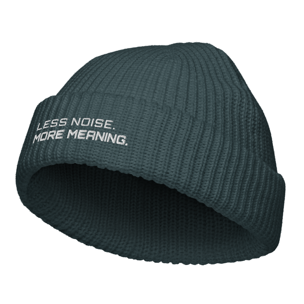Petrol Blue fisherman beanie angled view showing ribbed knit texture