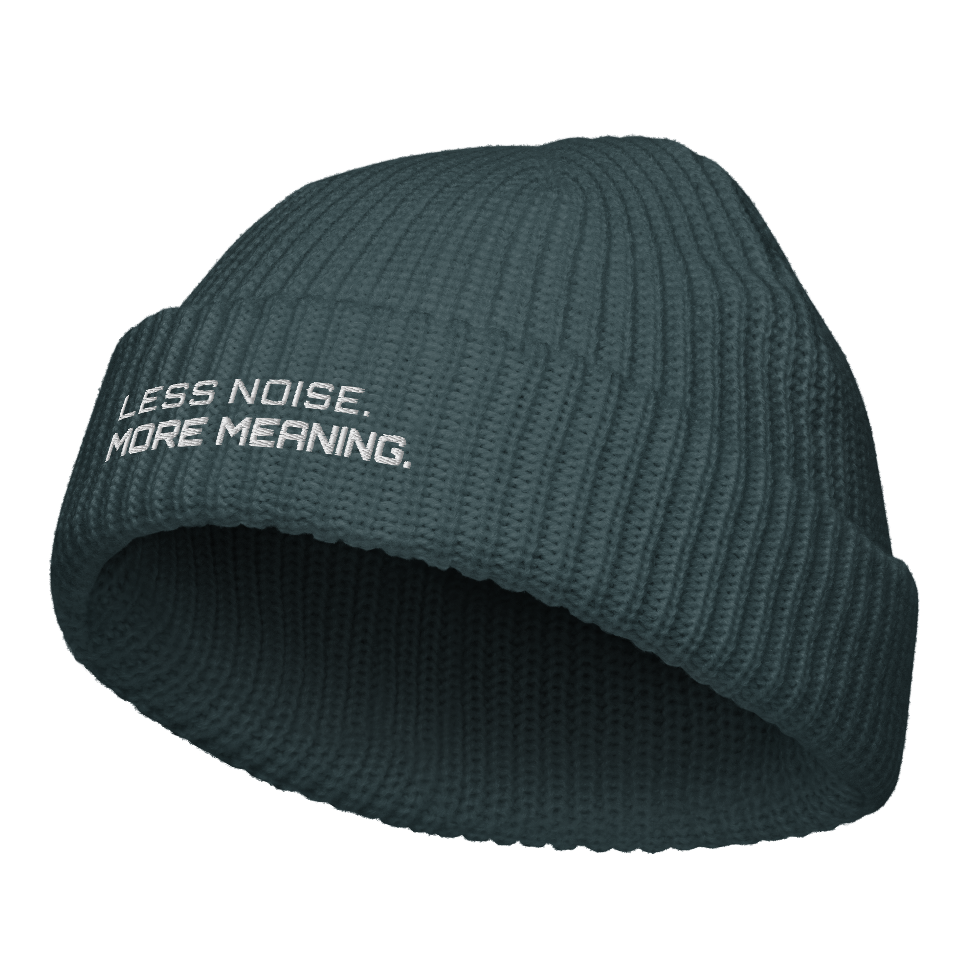 Petrol Blue fisherman beanie angled view showing ribbed knit texture
