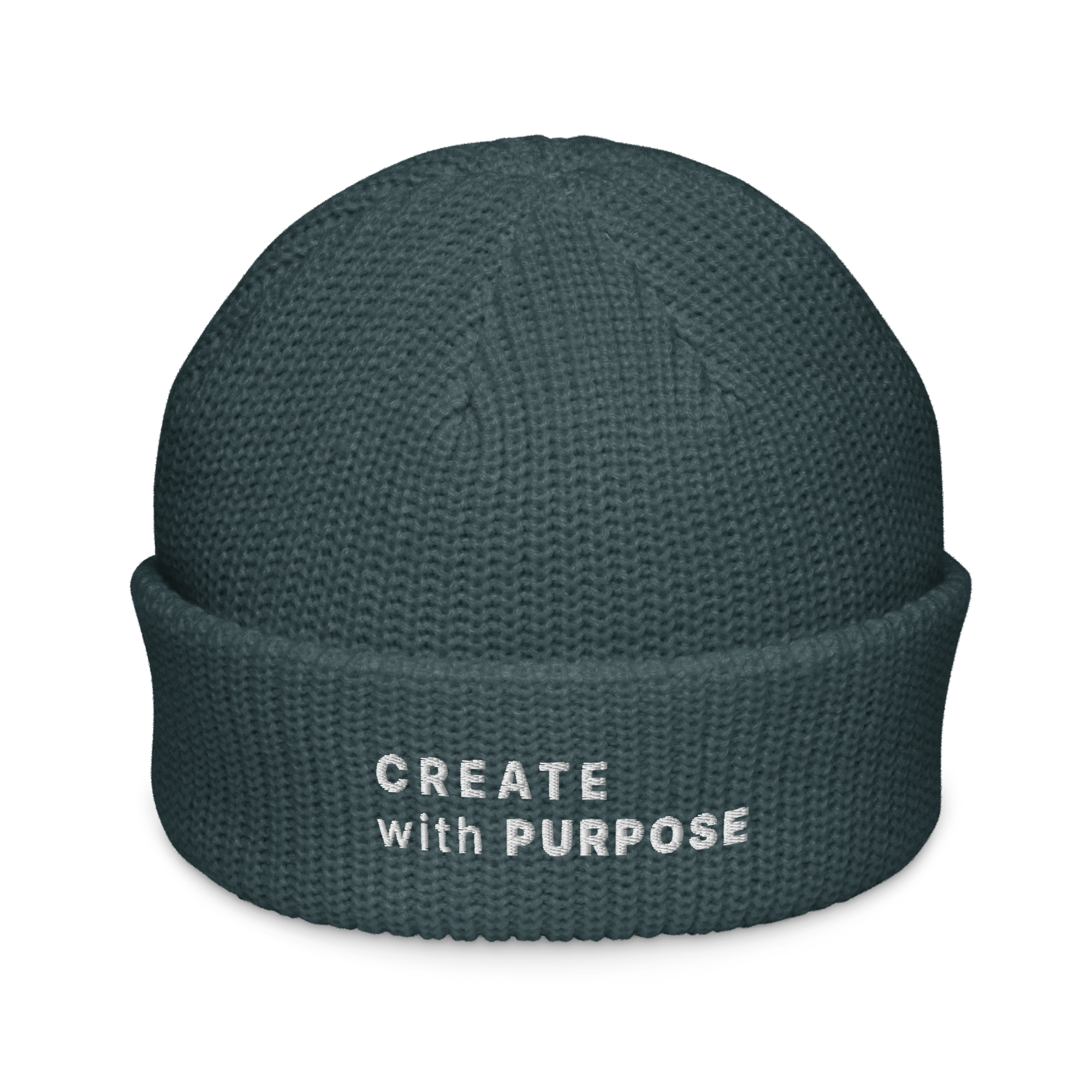 Petrol Blue fisherman beanie front view with embroidered “CREATE WITH PURPOSE” – The Pixel Wolf