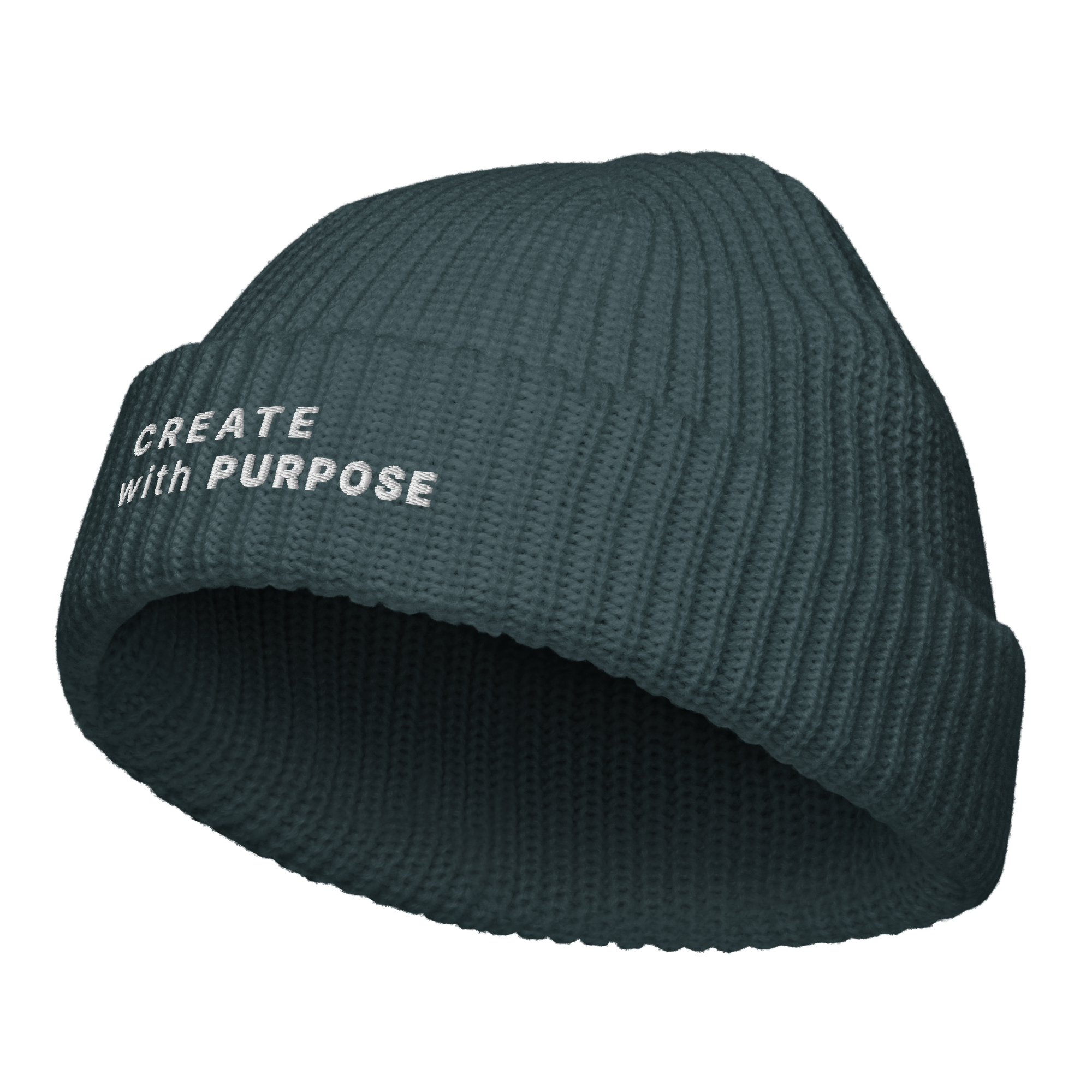 Petrol Blue fisherman beanie angled view with “CREATE WITH PURPOSE” embroidery – The Pixel Wolf