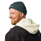 Petrol Blue fisherman beanie lifestyle view styled in modern urban setting – The Pixel Wolf