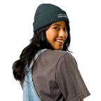 Petrol Blue fisherman beanie worn in lifestyle setting with minimalist outfit