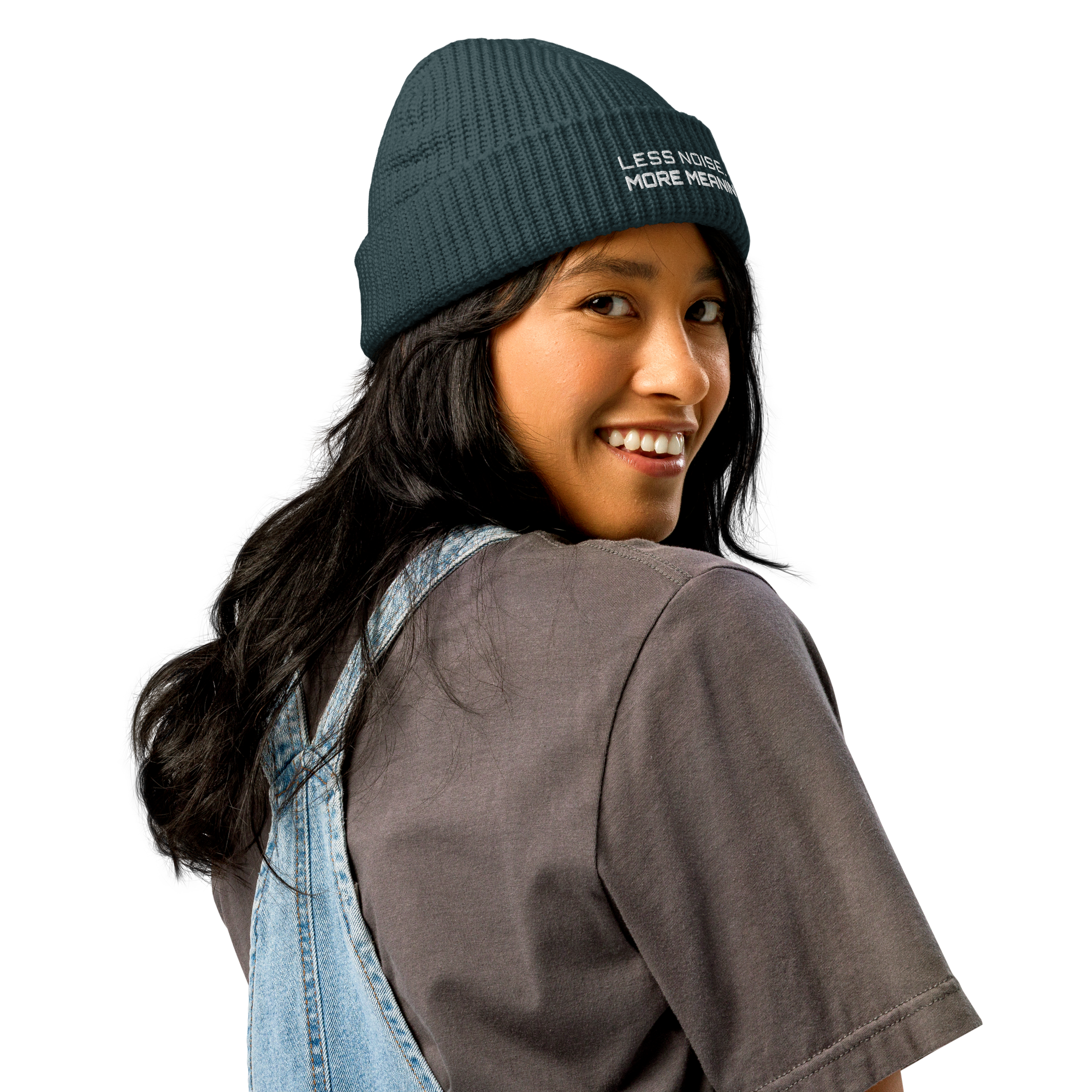 Petrol Blue fisherman beanie worn in lifestyle setting with minimalist outfit
