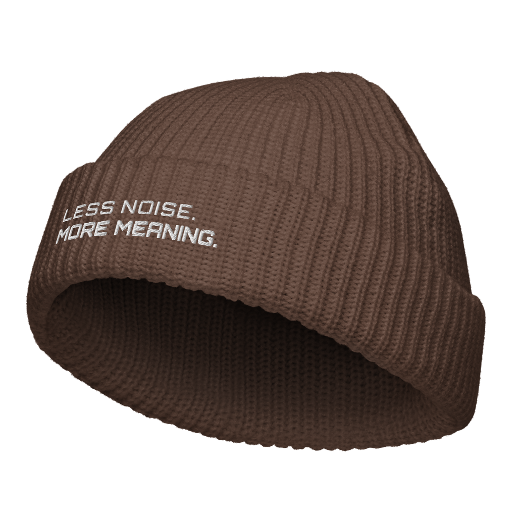 Walnut fisherman beanie angled view showing ribbed knit texture