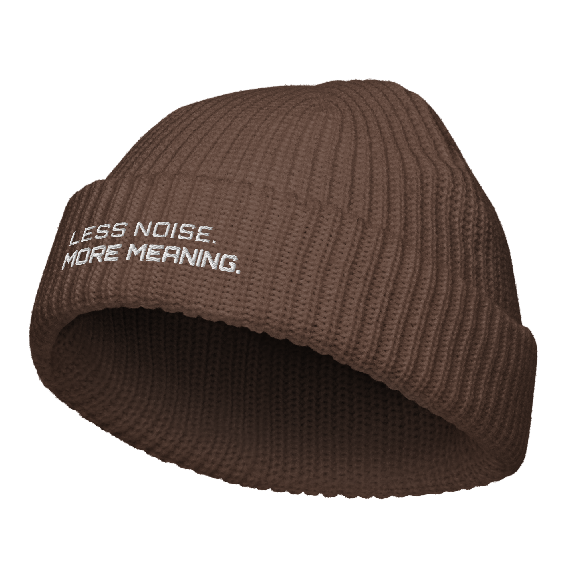 Walnut fisherman beanie angled view showing ribbed knit texture