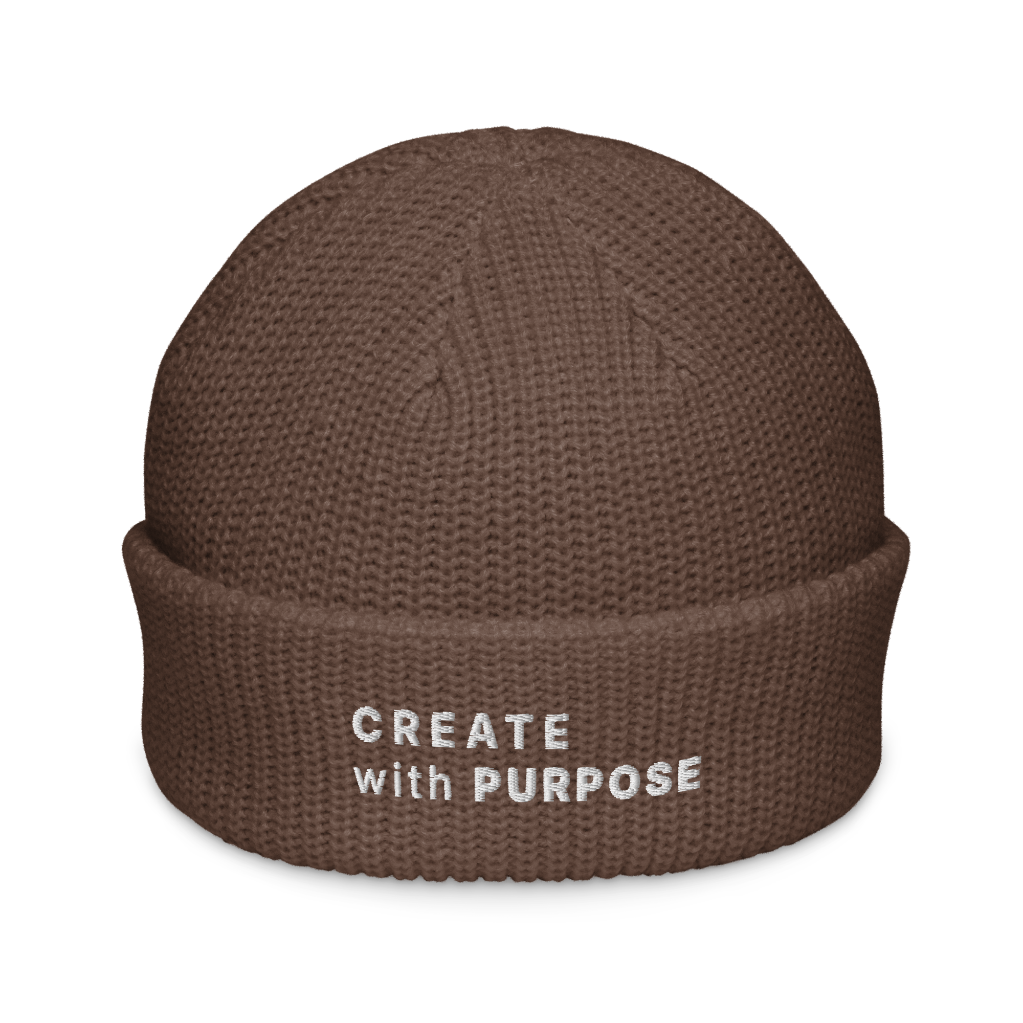 Walnut fisherman beanie front view with embroidered “CREATE WITH PURPOSE” – The Pixel Wolf