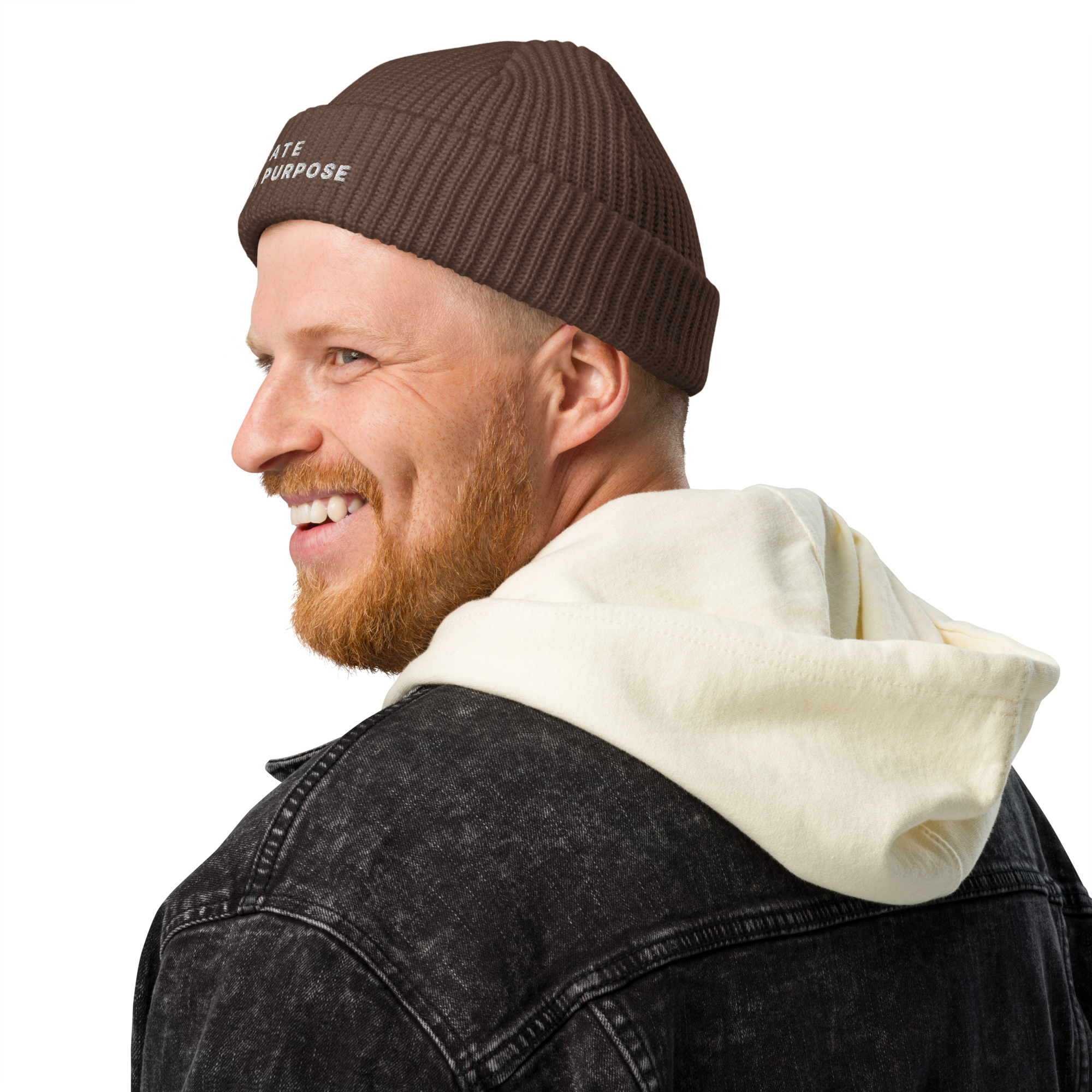 Walnut fisherman beanie lifestyle view styled with contemporary streetwear – The Pixel Wolf