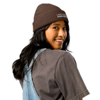 Walnut fisherman beanie worn in lifestyle setting with minimalist outfit