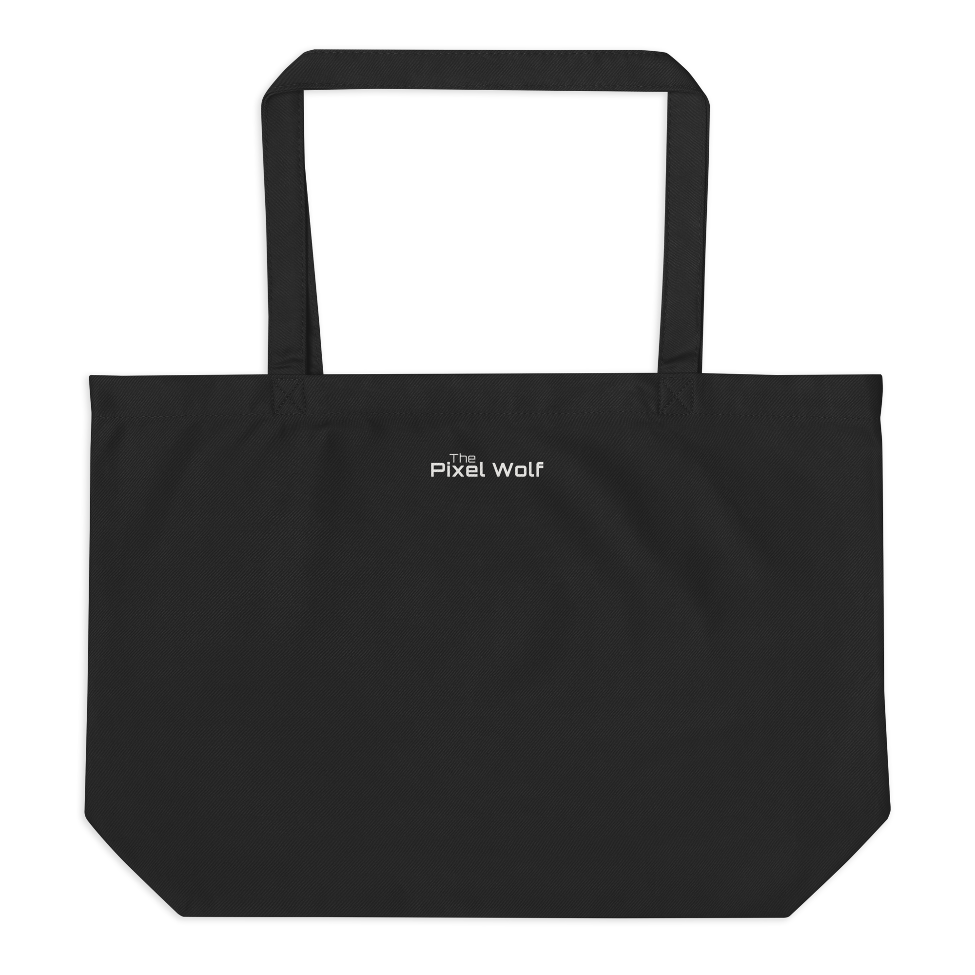 Black large organic tote bag with subtle The Pixel Wolf logo on the back