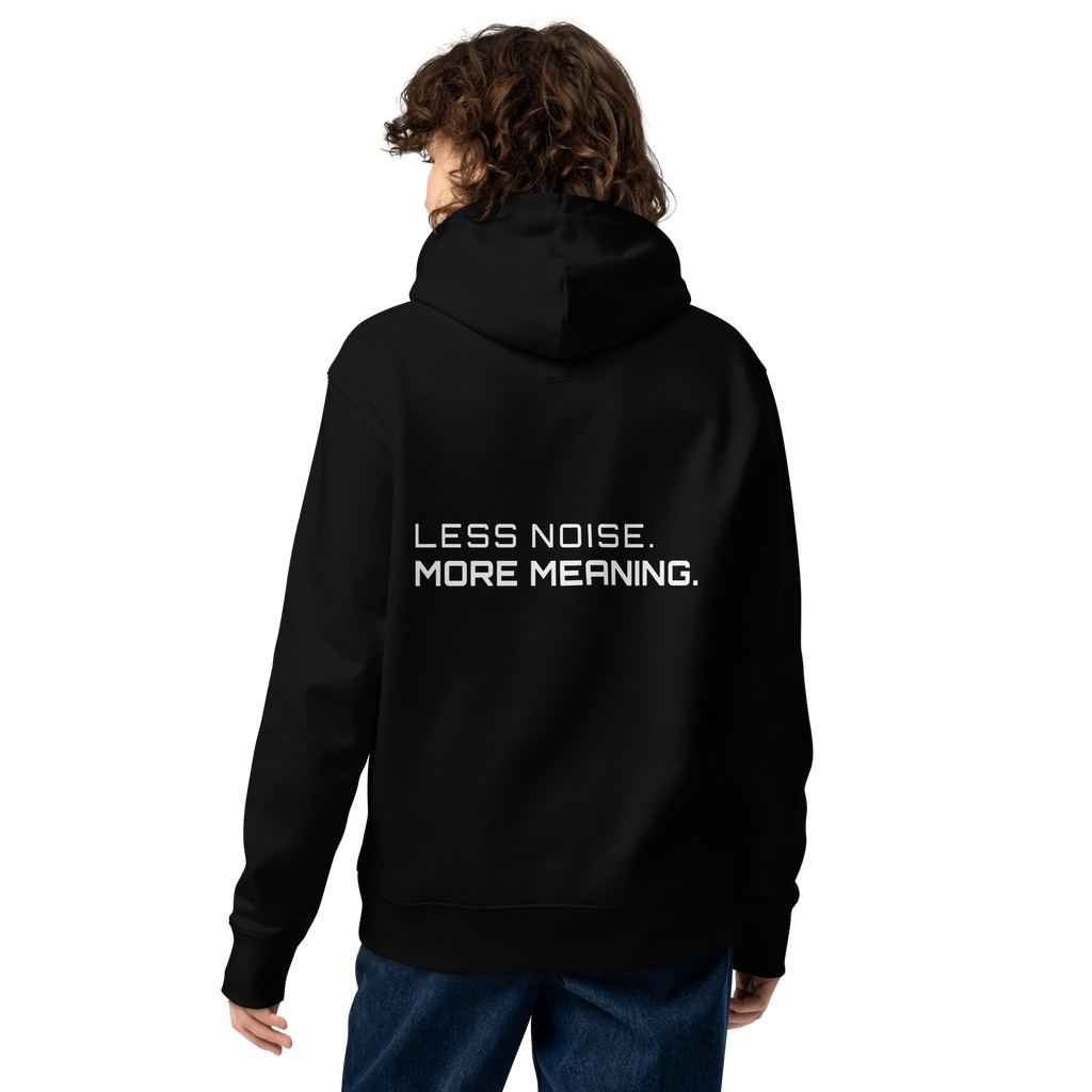 Black eco hoodie lifestyle worn by model – The Pixel Wolf