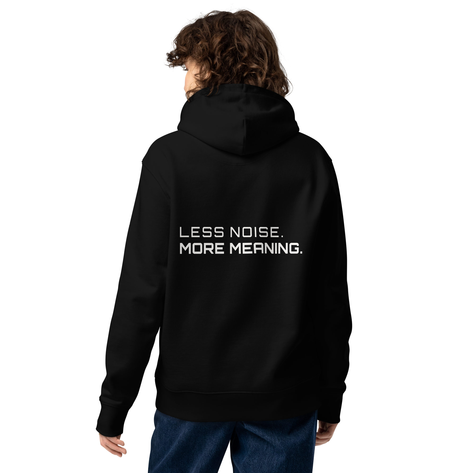 Black eco hoodie lifestyle worn by model – The Pixel Wolf