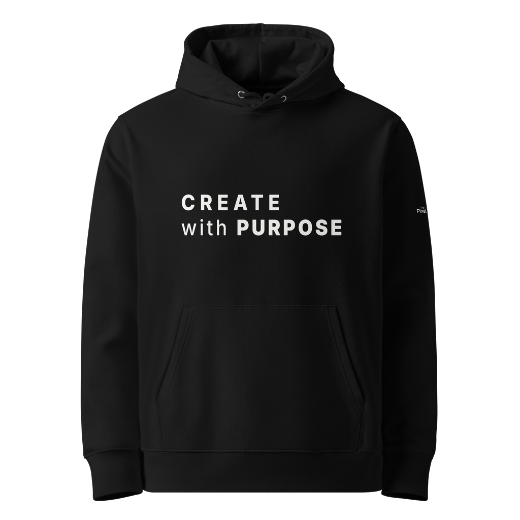 Black essential eco hoodie front view with “CREATE WITH PURPOSE” print – The Pixel Wolf