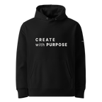 Black essential eco hoodie front view with “CREATE WITH PURPOSE” print – The Pixel Wolf