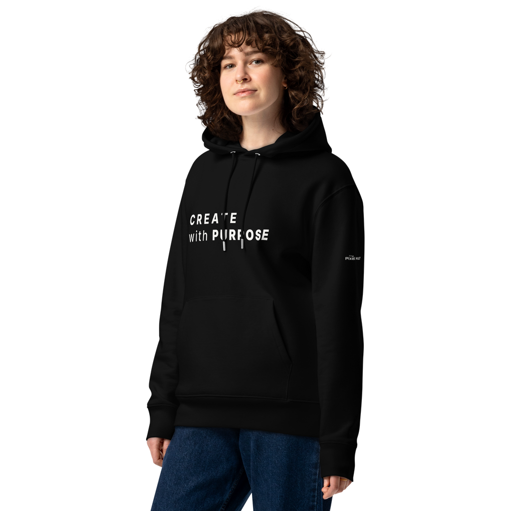Black essential eco hoodie lifestyle front worn by model – The Pixel Wolf