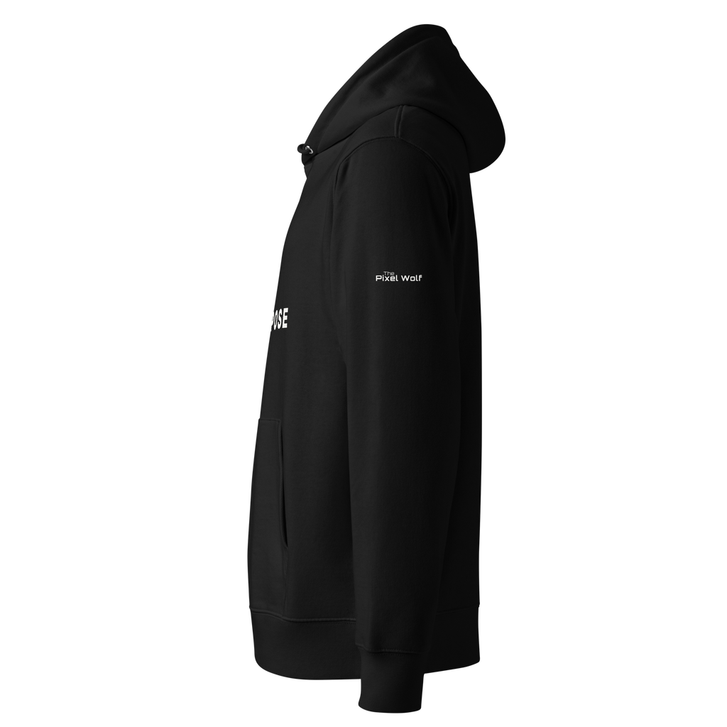 Black essential eco hoodie left side view with The Pixel Wolf logo – The Pixel Wolf