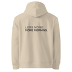 Desert Dust eco hoodie back view with “Less Noise More Meaning” slogan – The Pixel Wolf