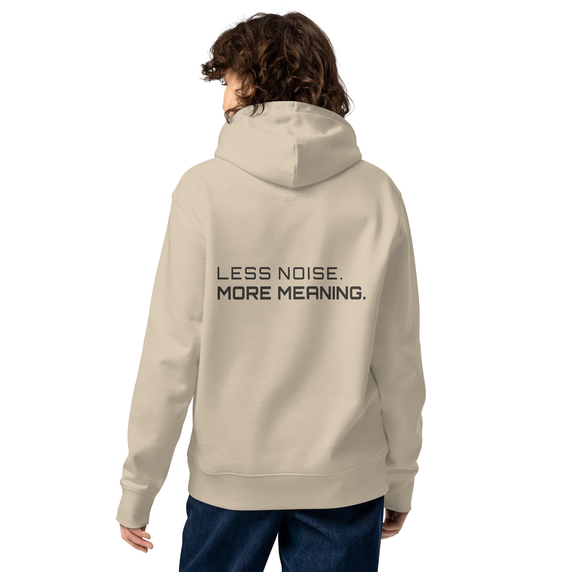 Desert Dust eco hoodie lifestyle worn by model – The Pixel Wolf
