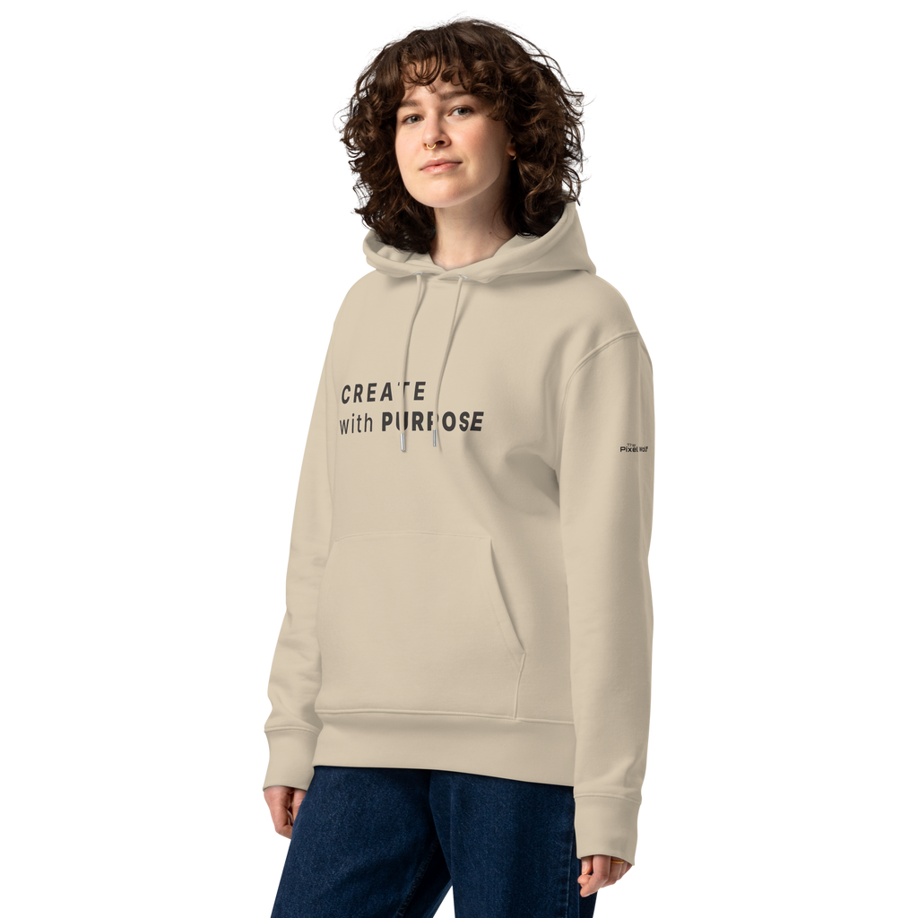Desert Dust essential eco hoodie lifestyle front worn by model – The Pixel Wolf
