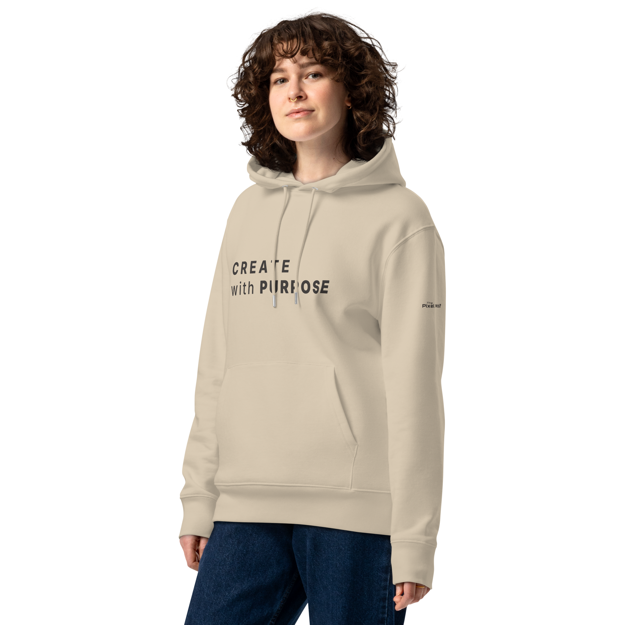 Desert Dust essential eco hoodie lifestyle front worn by model – The Pixel Wolf