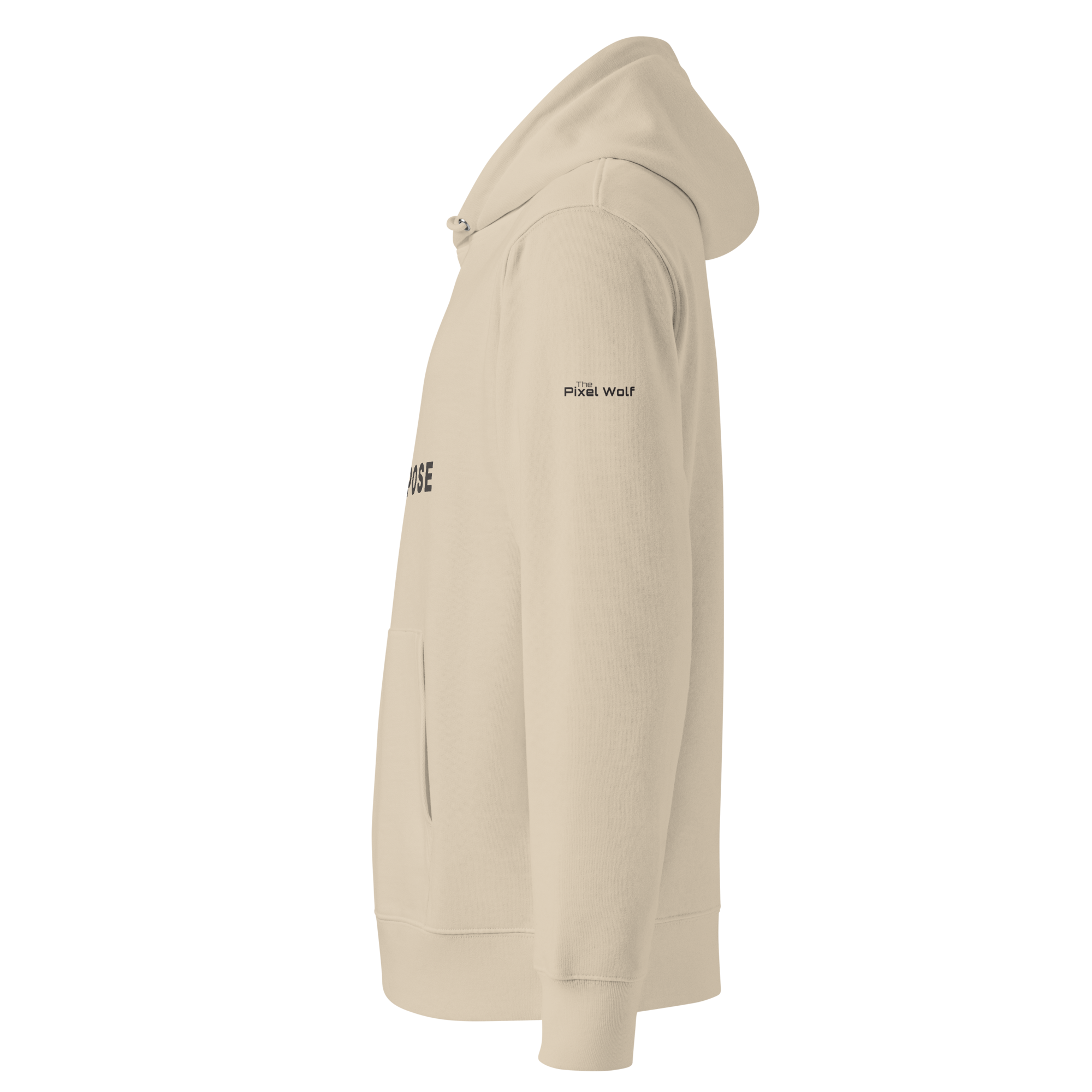 Desert Dust essential eco hoodie left side view with The Pixel Wolf logo – The Pixel Wolf