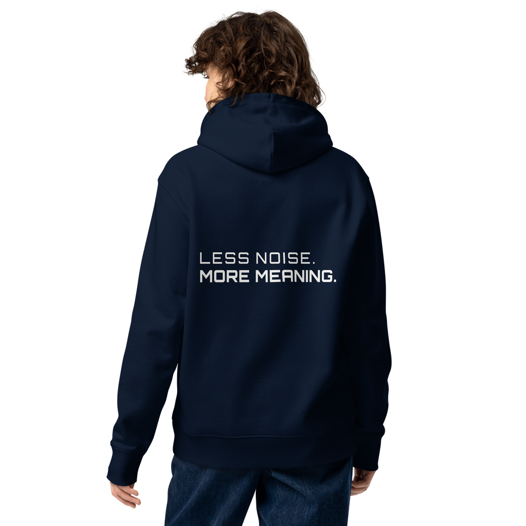 French Navy eco hoodie lifestyle worn by model – The Pixel Wolf