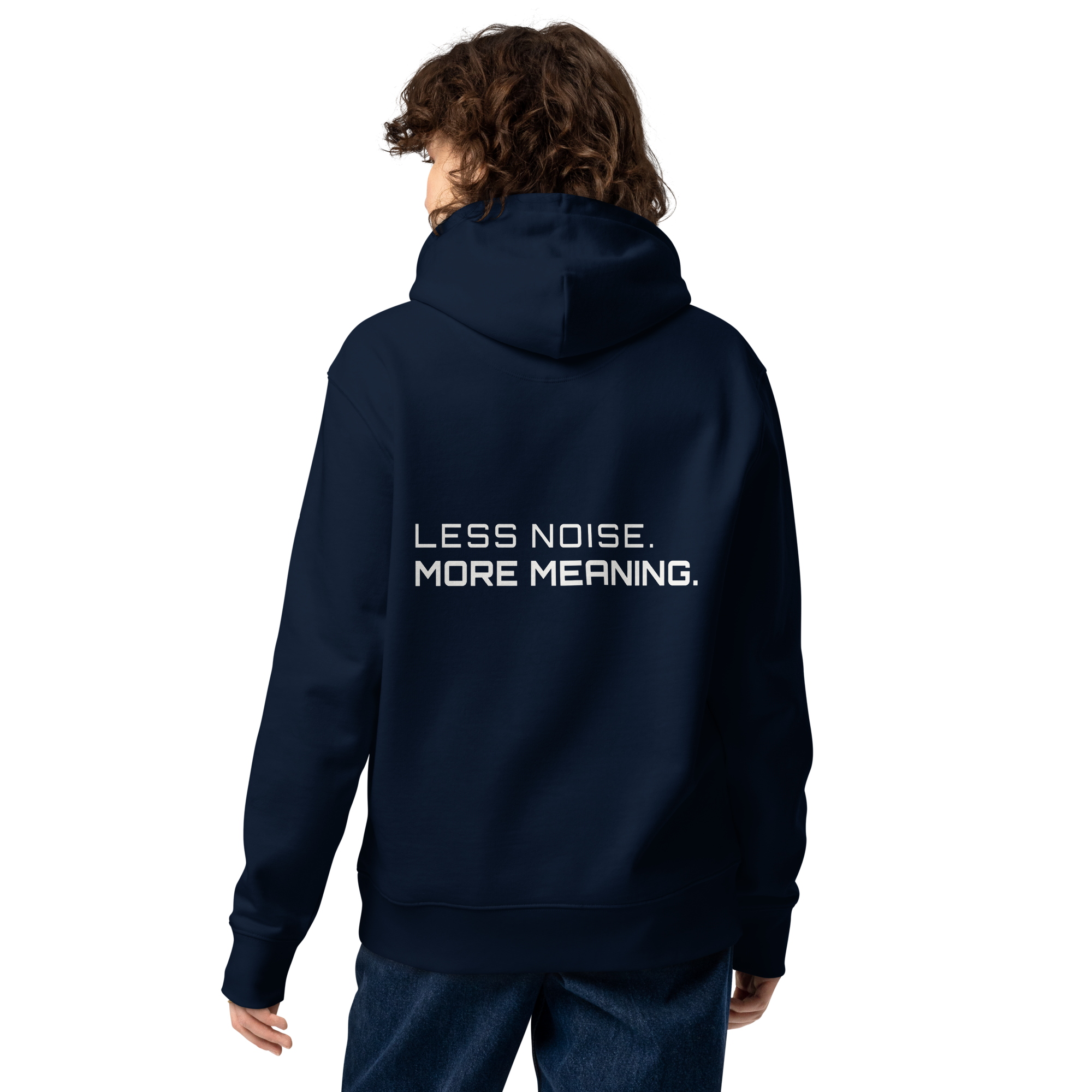 French Navy eco hoodie lifestyle worn by model – The Pixel Wolf