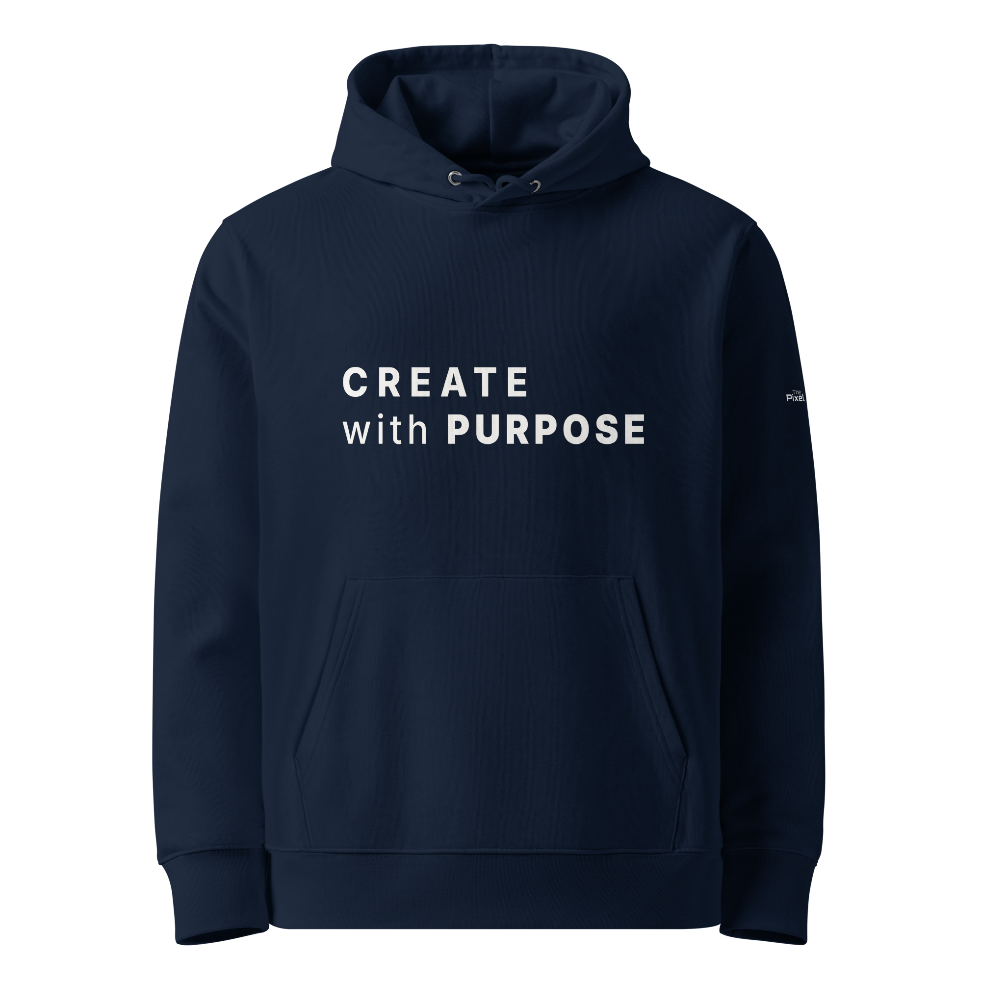 French Navy essential eco hoodie front view with “CREATE WITH PURPOSE” print – The Pixel Wolf
