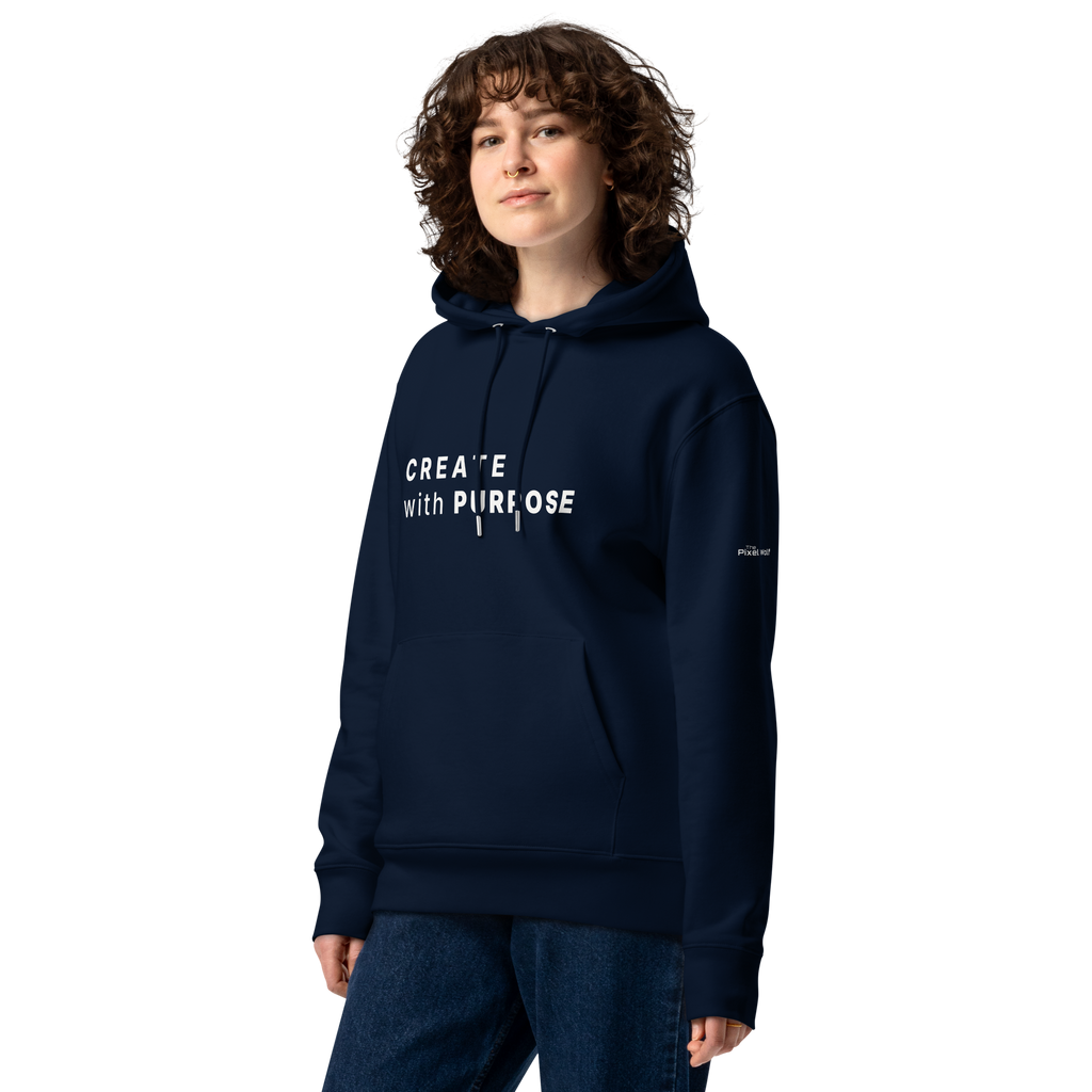 French Navy essential eco hoodie lifestyle front worn by model – The Pixel Wolf