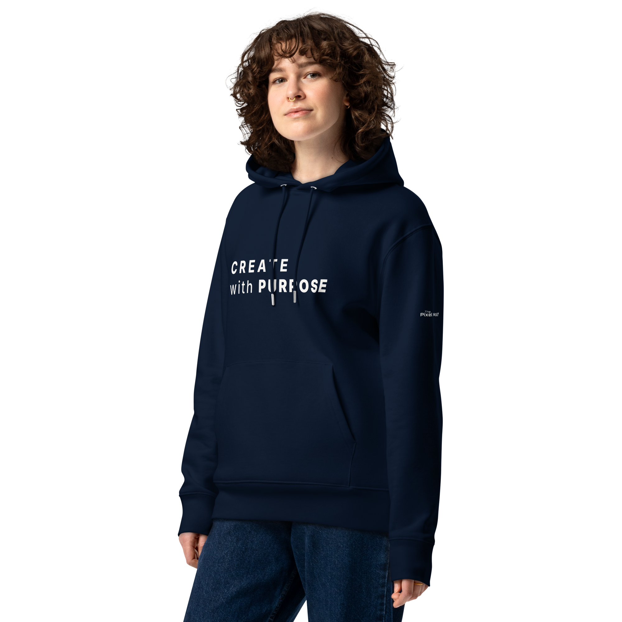 French Navy essential eco hoodie lifestyle front worn by model – The Pixel Wolf